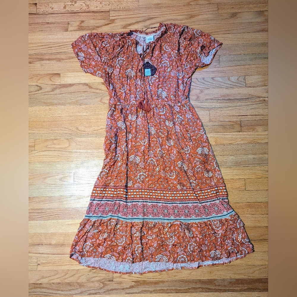 LARGE Iced Latte Flutter Short Sleeve Smocked Dress Pockets Knox Rose Floral - Picture 3 of 10